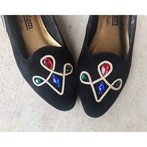 Vintage Shoes - vintage 80s COLORFUL JEWELS black suede pointy FLATS unique avant garde rainbow